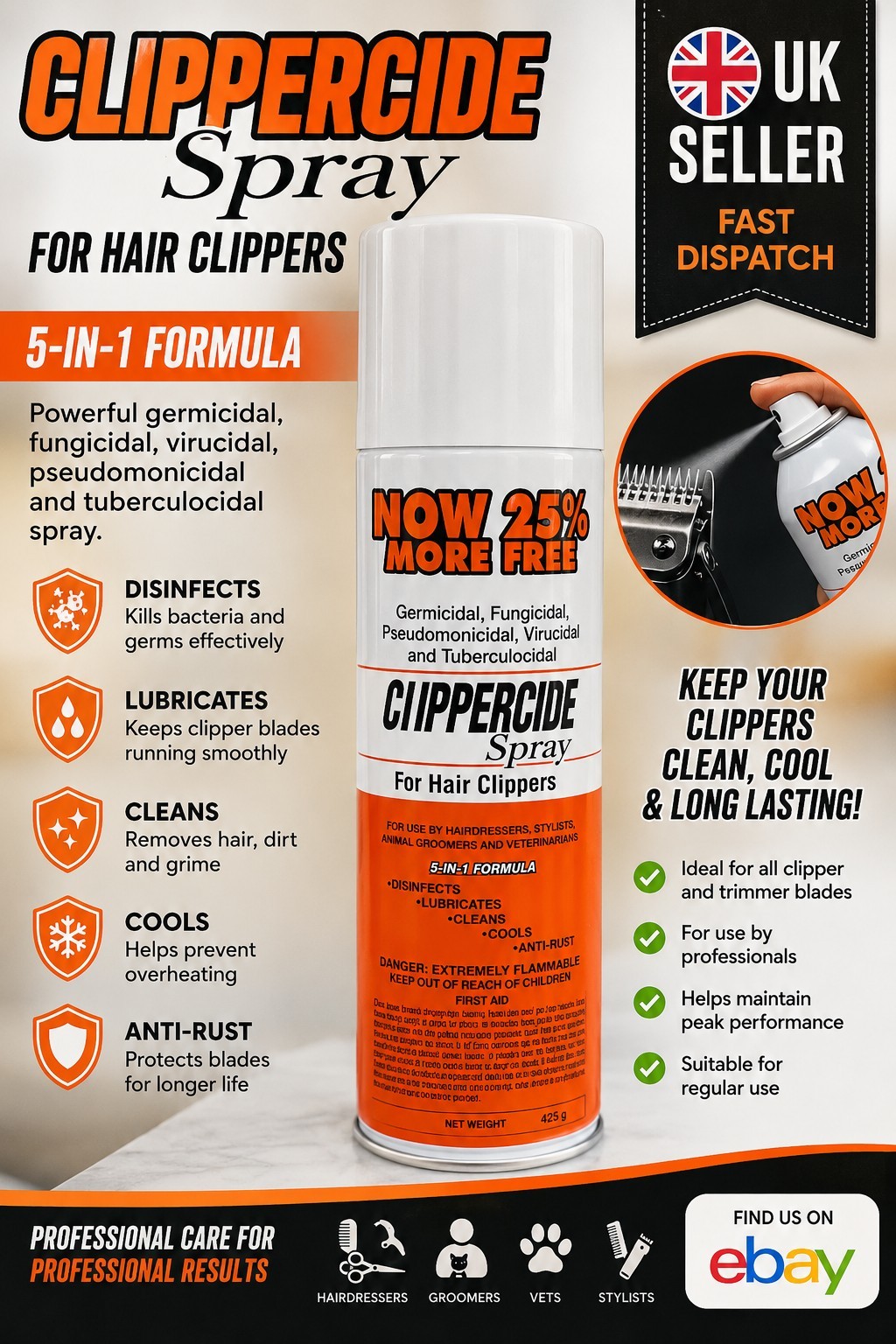 Clippercide 5-in-1 Clipper Spray Grooming Barber Salon Lubricant UK Seller 425g