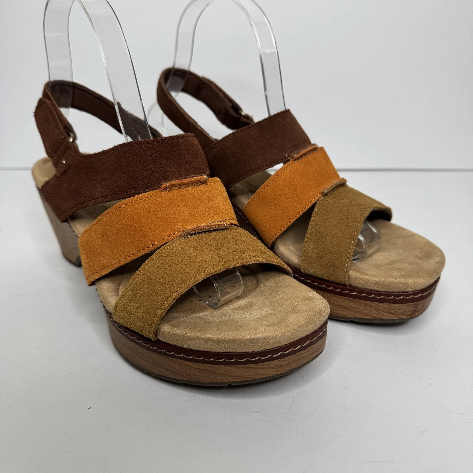 Scarpe Clarks donna taglia 8 marroni arancioni scamosciati zeppa sandali comodi plateau