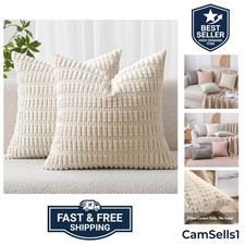 Pack of 2 Corduroy Decorative Throw Pillow Covers 18x18 Inch Soft Boho Stripe...