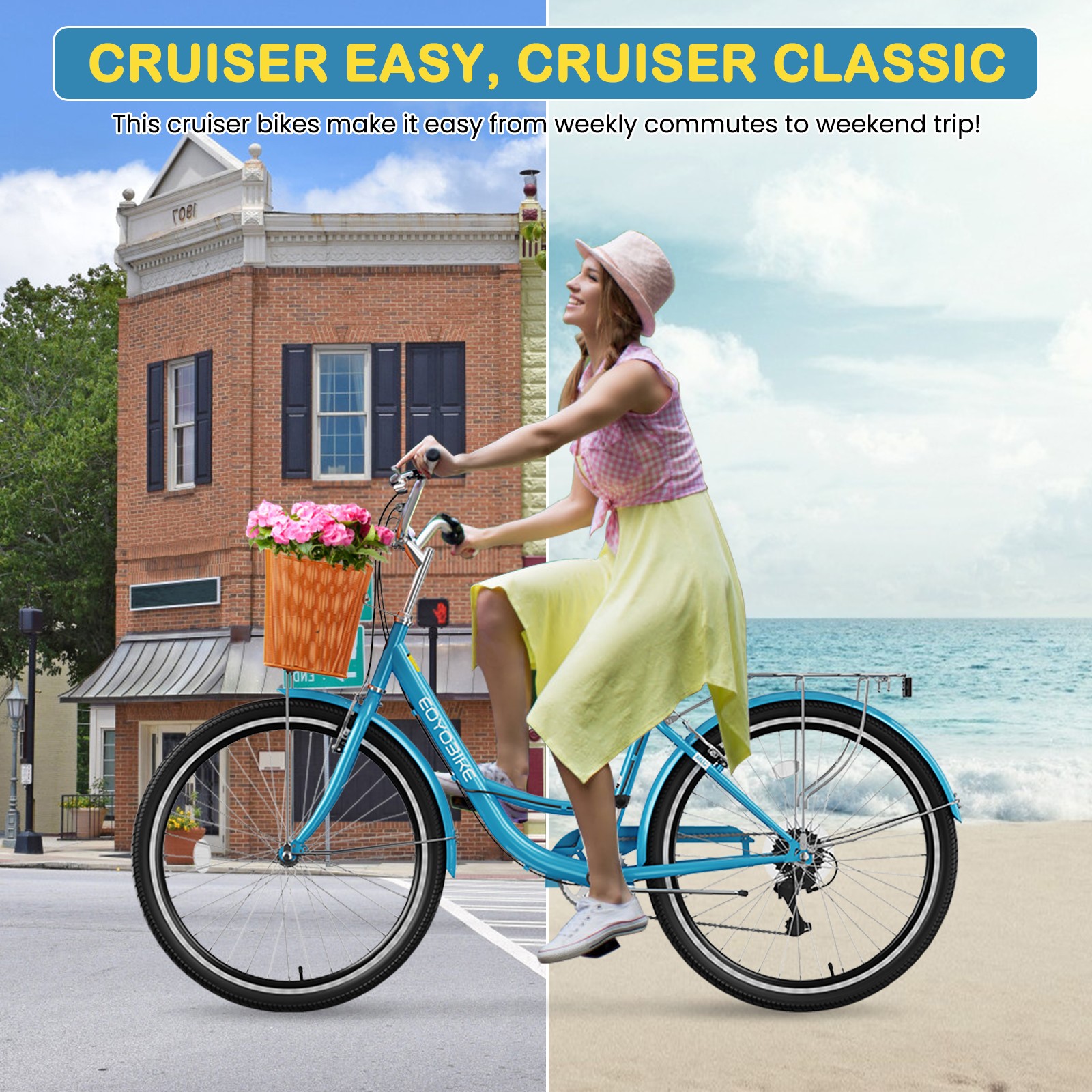 H&ZT Beach Cruiser Bike for Adult 24 26 in Bike 7 Speed Step Through City Bikes