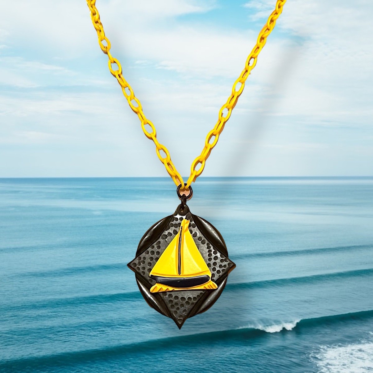 Sailboat Celluloid & Bakelite Pendant Necklace Nautical Necklace Celluloid Chain View 4