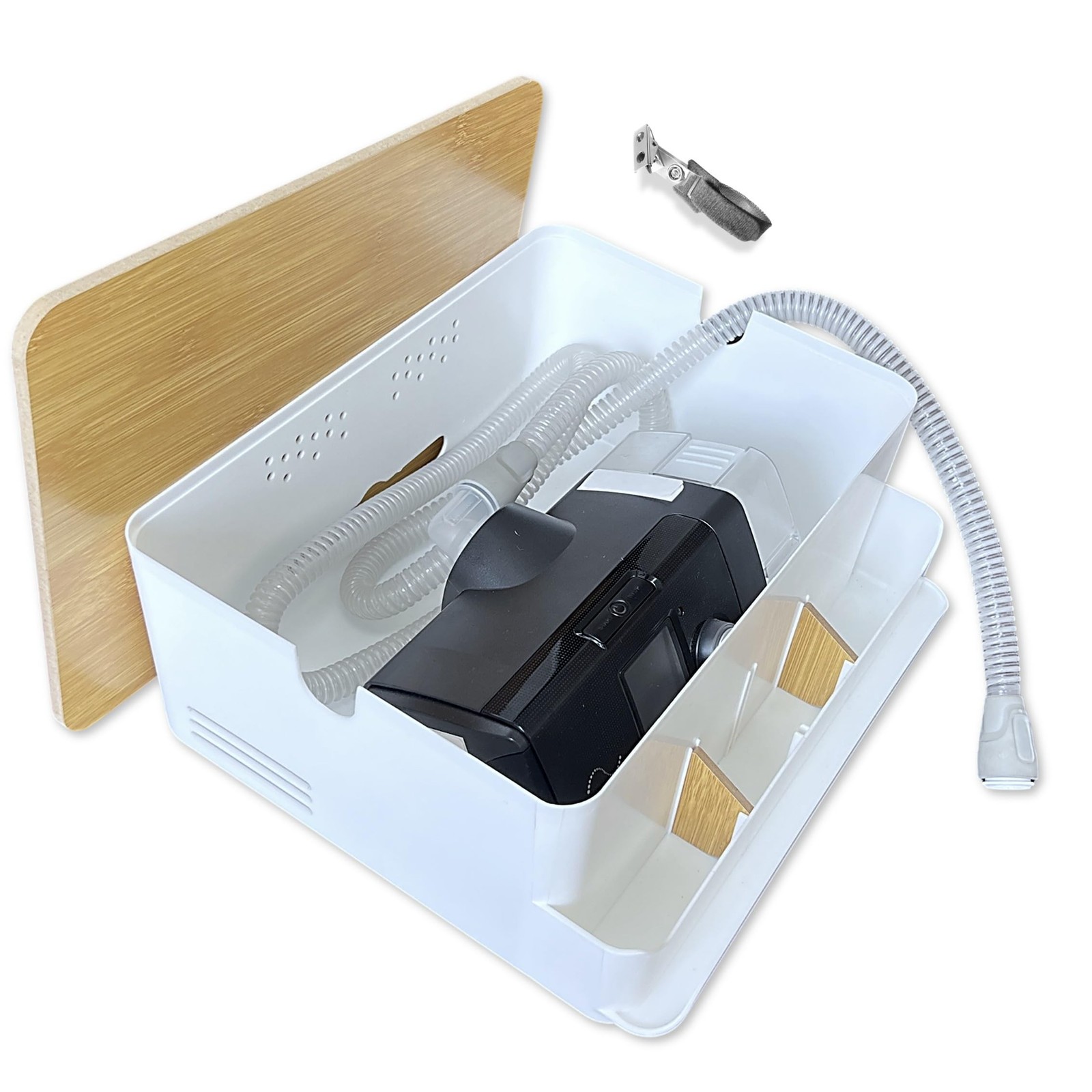 CPAP Machine Protector Box & Bedside Organizer, Dual-Side Hose Ports, Cable M...