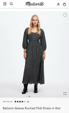 Madewell $158 Womens Balloon-Sleeve Ruched Midi Dress in Geo Dot Black Size XS