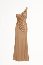 NW Nightway Gold One-Shoulder Draped Evening Gown Size 4 Small Formal Dress
