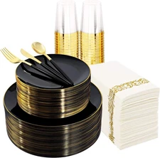 Supernal 350pcs Black Plastic and Gold Dinnerware Set 