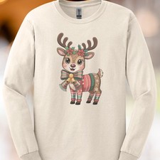 Cute Christmas Deer Shirt Festive Bow Antlers Holiday Sweater Reindeer Tee