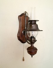  Vintage Wandlampe Stalllaterne AntikStil um 1900 Glaszylinder Holz/Messing 40cm