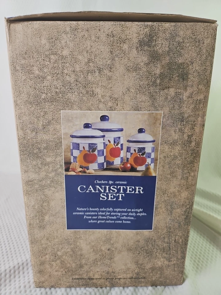 Juego de 3 Botes Azul y Blanco Cuadros Cerámica Diseño Manzana y Pera Nuevo En Caja Foto 2 de 3