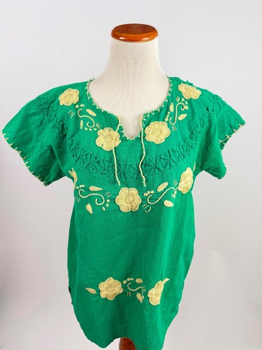 Green cotton hand embroidered MEXICAN peasant top Women's M