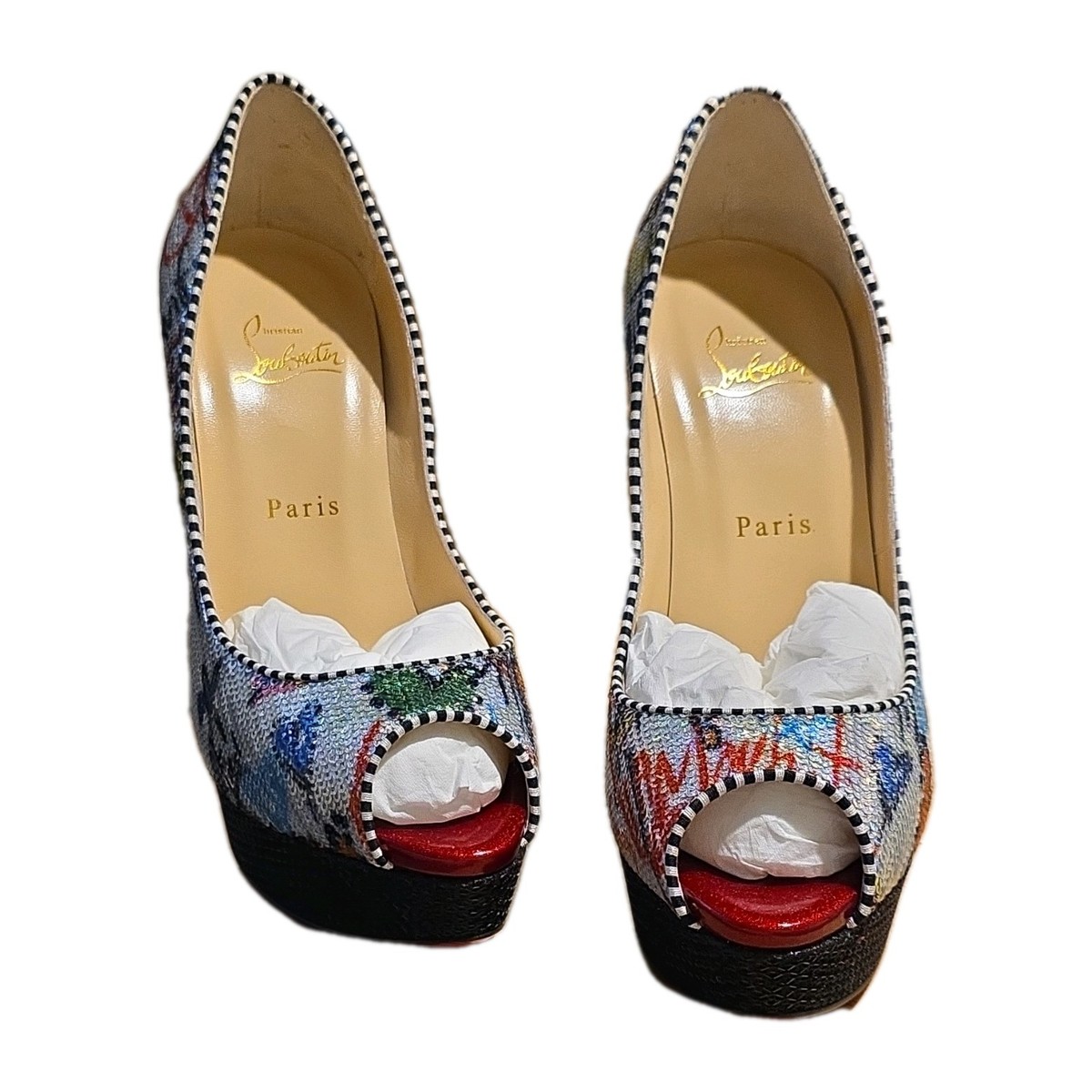 Christian Louboutin Fetish Peep 150 Sequin Heels 39.5 US 9 New Box
