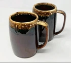 Vintage Hull Brown Drip Coffee Mugs LARGE Set of 2 Oven Proof USA MCM Pottery