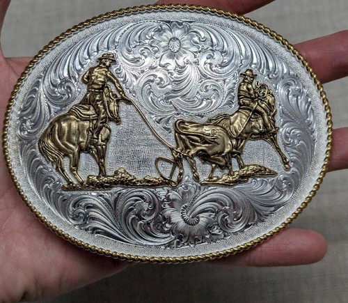 5" belt buckle MONTANA SILVERSMITHS western COWBOY engraved RODEO oversized