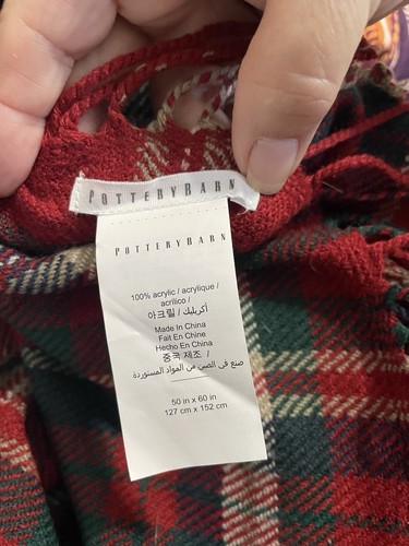 Pottery Barn Red Green Plaid Table Throw Fringe Ends 50” X 60” 100% Acrylic - Picture 2 of 4