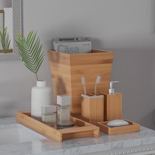 Bamboo Bath Accessories 5-Piece Set Natural Wood Tray Dispenser Dish