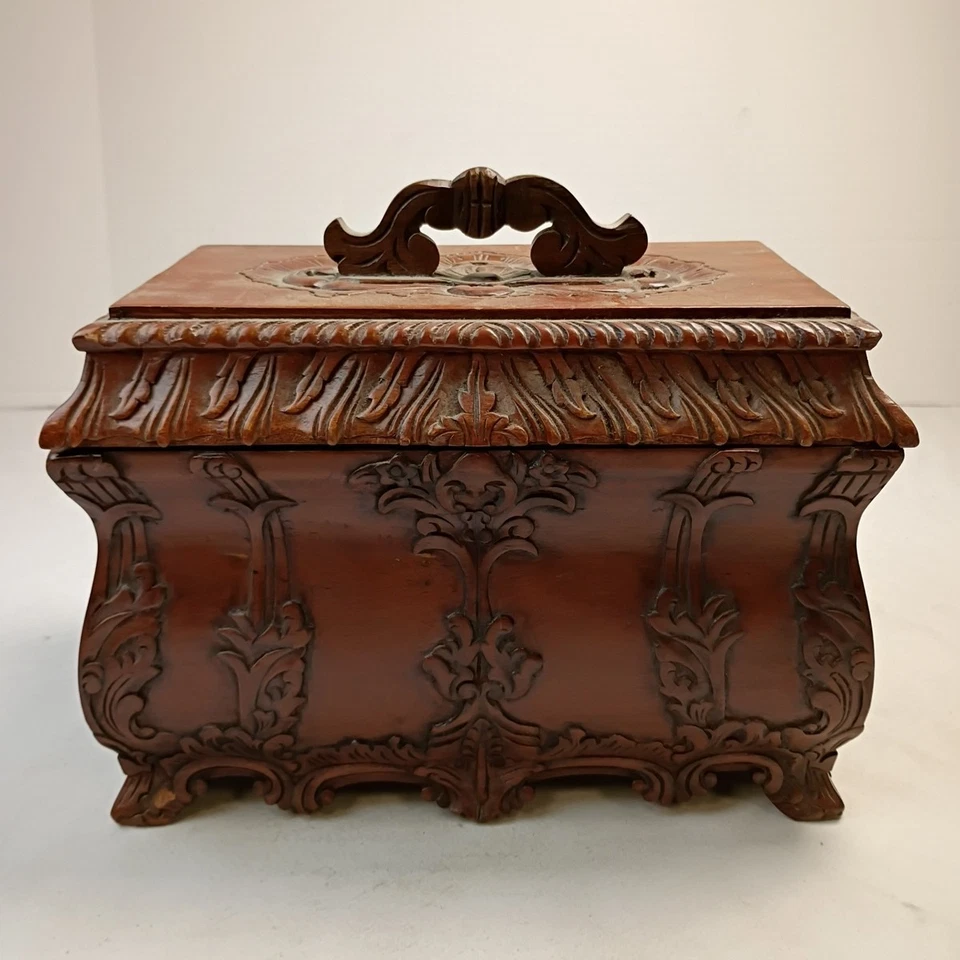 Raro Antiguo Estilo Victoriano Carrito de Té Caja Tallada a Mano Caoba Sólida Foto 3 de 4