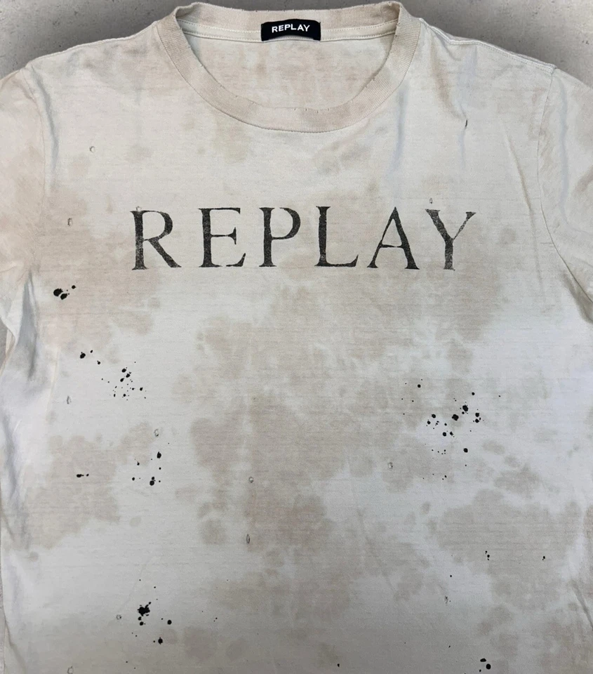 REPLAY Intentionally Distressed Designer T Shirt Beige Off Whit Fits Size Medium - Image 2 of 4