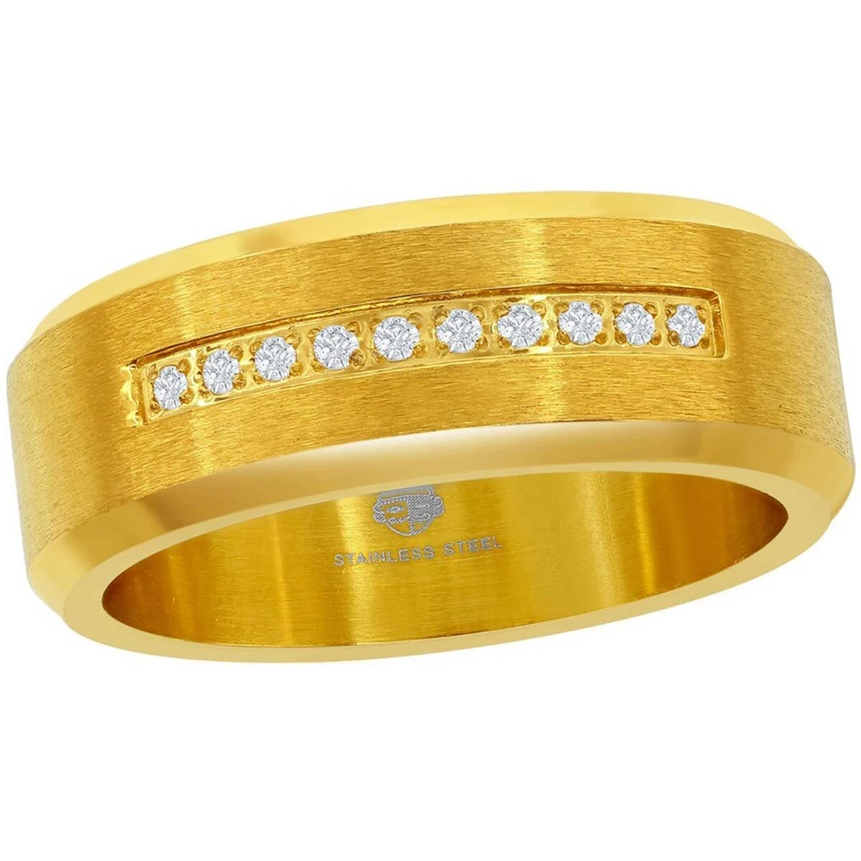 Anillo a rayas circonitas de acero dorado para hombre