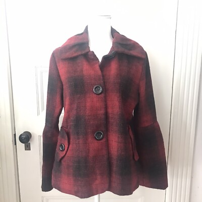 Vintage Oleg Cassini Swing Coat Size M Wool Blend Red Black Buffalo Plaid  Lined