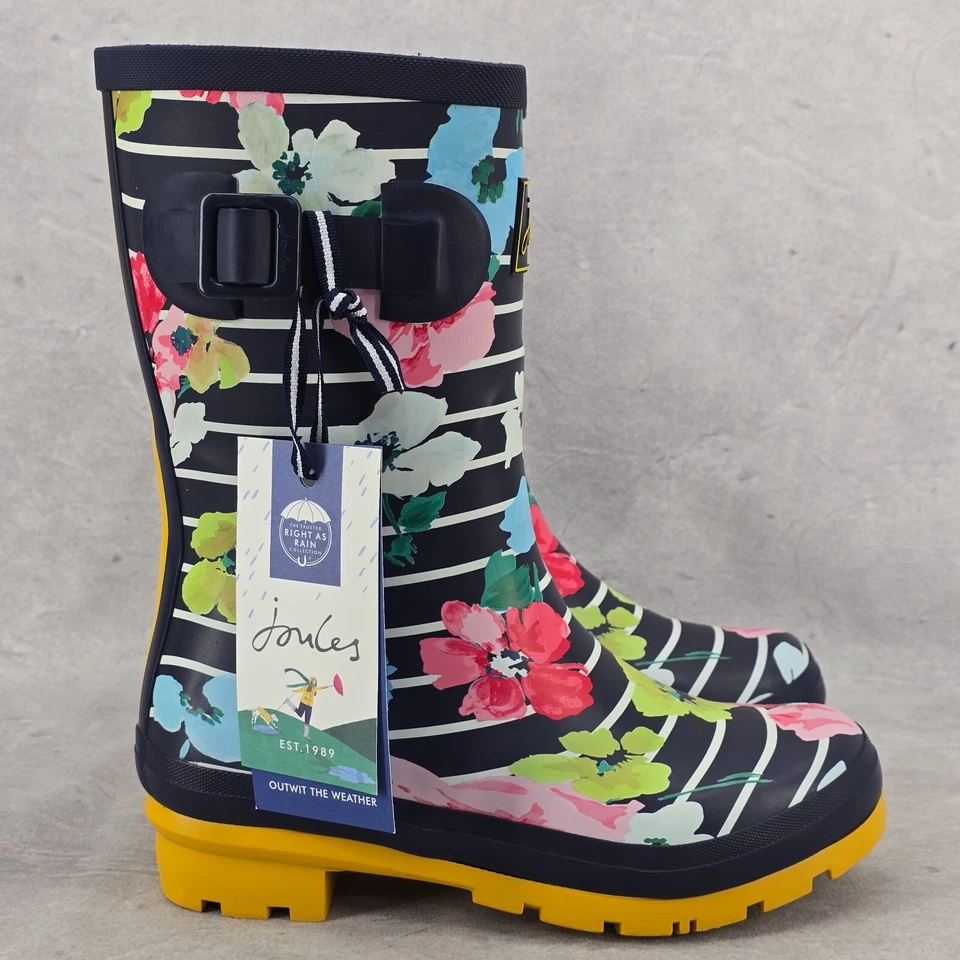 Nuevas Botas de Lluvia Joules Media Pantorrilla Molly Welly Rayas Florales Talla EE. UU.: 5 REINO UNIDO: 3 Foto 3 de 4