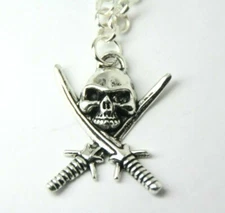 Pirate Cross Swords Charm Pewter Pendant Stainless Steel Chain Necklace 18"