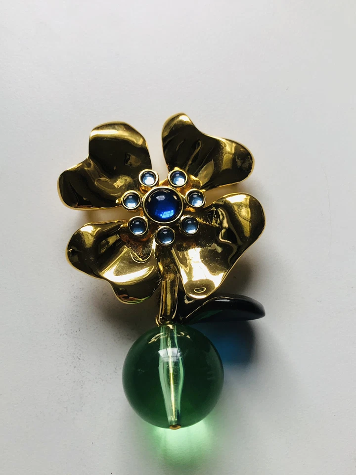 Ivana Trump Large Gold Blue Crystal Flower with Emerald Green Drop Pin/Pendant