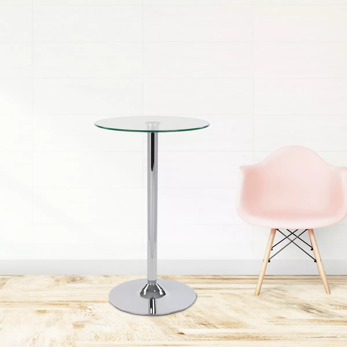 1M TALL CLEAR ROUND GLASS TOP TABLE CHROME DINING STAND BISTRO BREAKFAST BAR