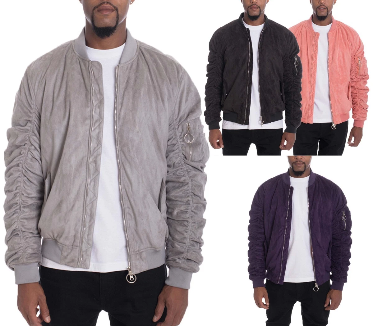 Micro Suede Gathered Bomber Jacket