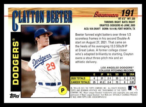 2021 Bowman Heritage Clayton Beeter Prospect 191 Los Angeles Dodgers - Picture 2 of 2