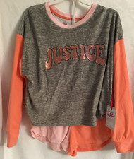 NWT Justice Girls Long Sleeve Top  Split Leg Short 2-piece PJ Set- Size S 7/8