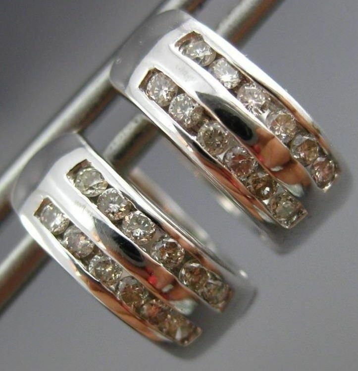 FILA ORECCHINI HUGGIE ESTATE .36CT TAGLIO TONDO DIAMANTE ORO BIANCO 14KT 3D DUE FILE #20610