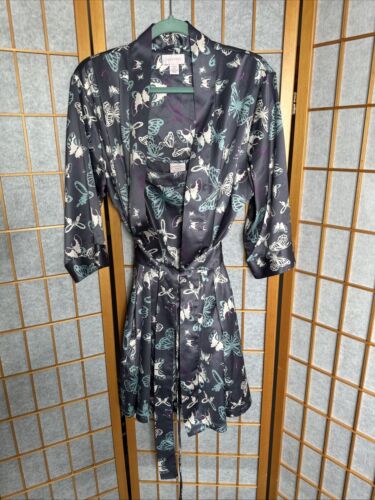Cabernet Robe Gown Set Teal Purple Butterflies Satin Adjustable Pockets Sz Large - Picture 3 of 8