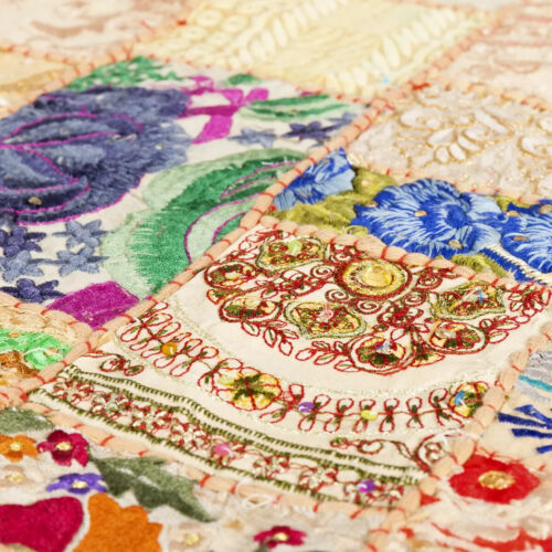 Indian Cotton Patchwork Table Runner Embroidered Dining Beige Table Tapestry - Picture 3 of 4