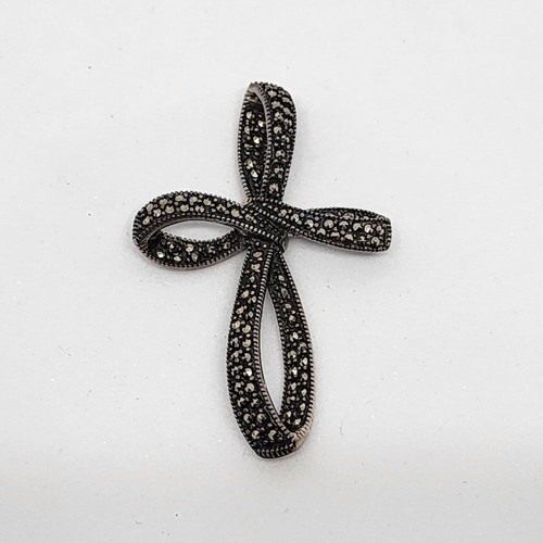 Vintage 925 Sterling Silver Marcasite Freestyle Cross Necklace Pendant Religious - Picture 7 of 8