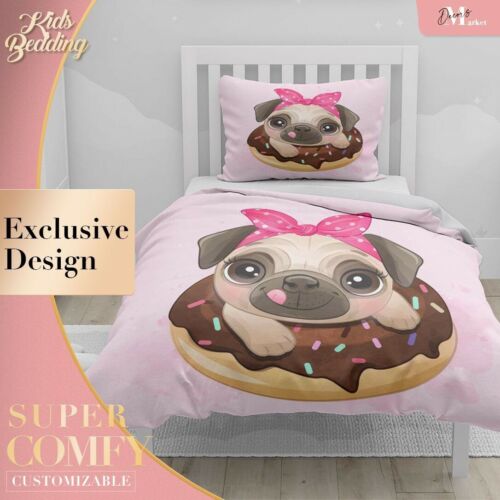 Pug Sister Donut Kids Animal Pink Duvet Cover Set Single Double Queen King - Afbeelding 1 van 10