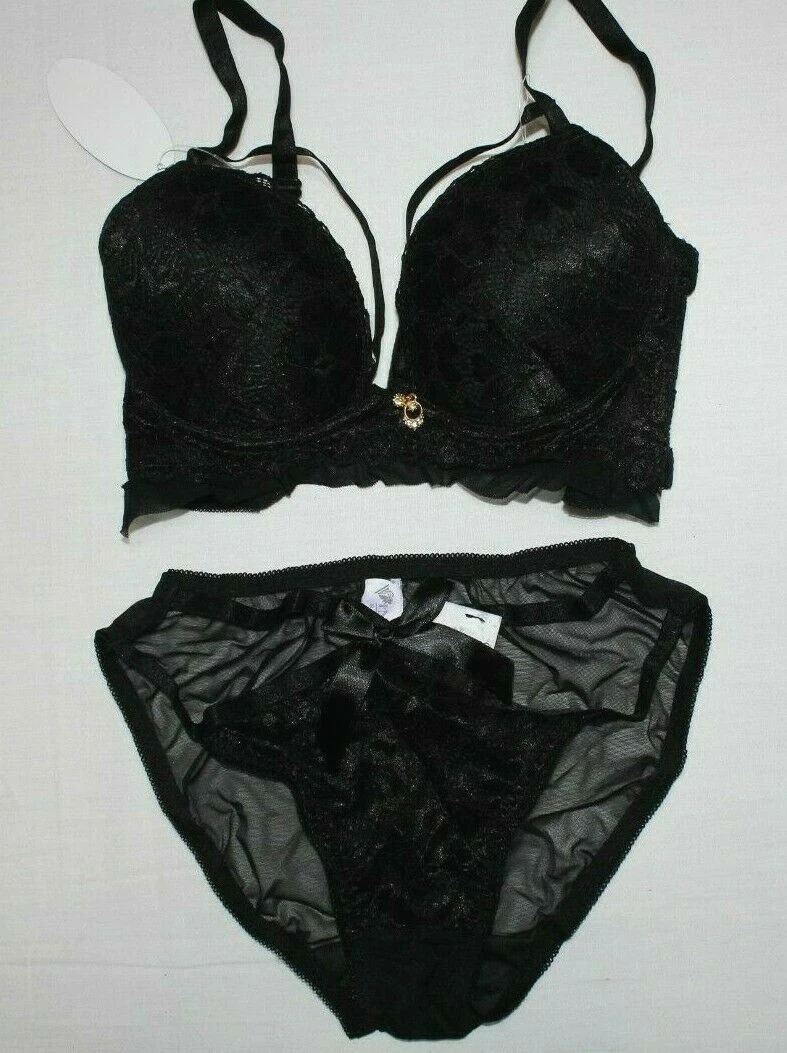 Black Satin-Lace push-up Bra & Panty set Size 30B US