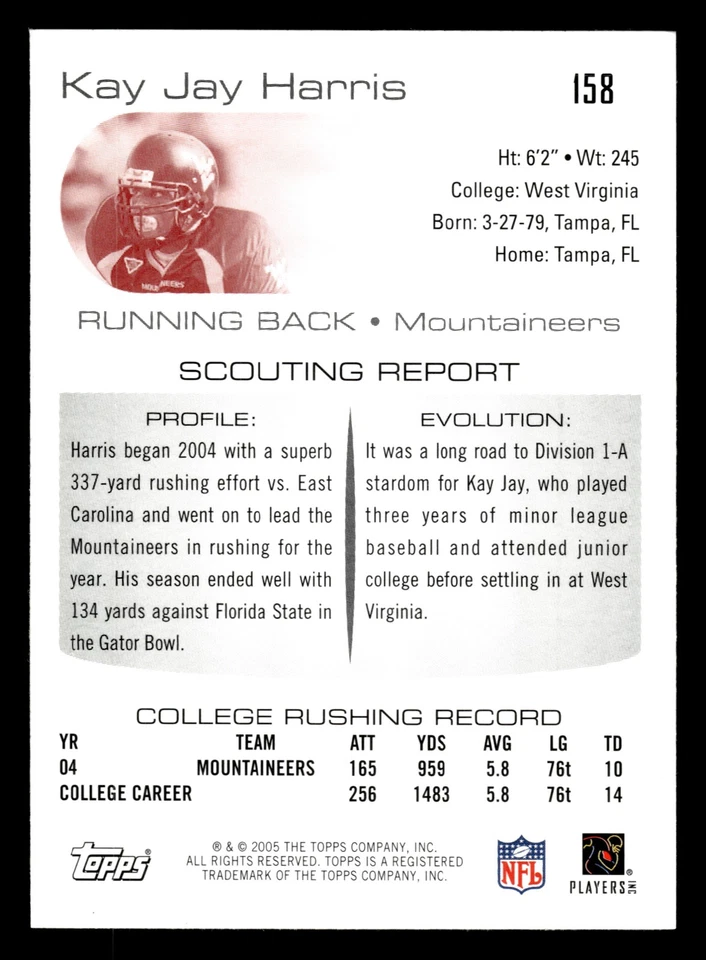 Kay-Jay Harris 2005 Topps Draft Picks & Prospects #158 Mountaineers - Image 2 of 2