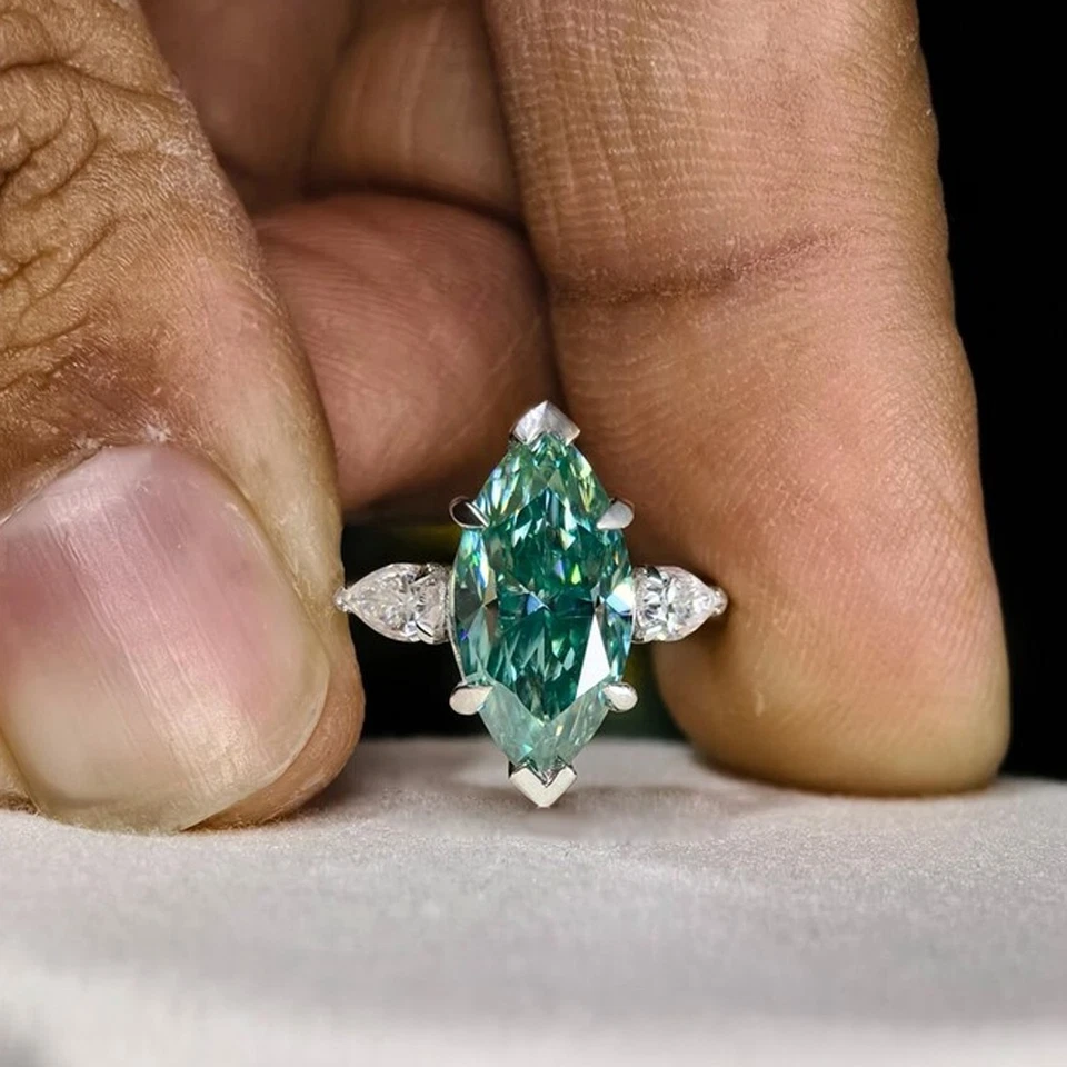 Anillo solitario de diamantes azules talla marquesa certificado plata 925 de 2,10 quilates - tratado Foto 3 de 4