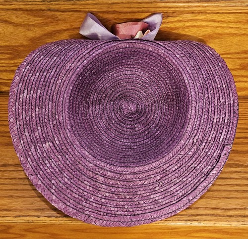 Girls Bonnet Straw Hat Purple Flower Feathers Bow 13"Dia 3"Brim 20.5"Cir - Picture 5 of 6