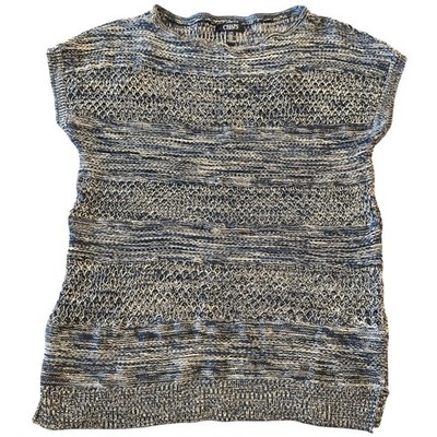 Chaps Womens Blue White Marled Knit Cotton Cap Sleeve Sweater Top Large