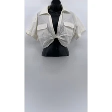 ZARA Women's White Solid Twist-Front Split-Neck Short Sleeve Crop Top SZ XS