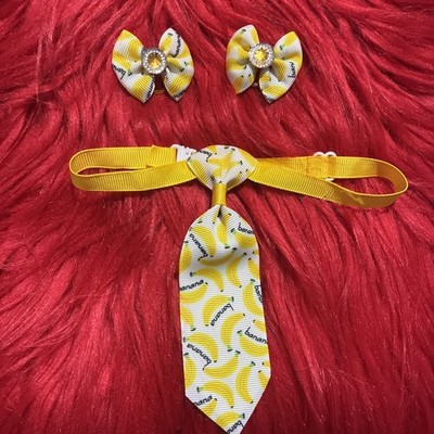 3 Pcs Banana Pattern, Cat Or Dog. 1 Set Of Hair Bows & Bow Tie Set. Homemade.