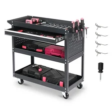 3 Tier Rolling Tool Cart Heavy Duty with Pegboard &  Drawer & 4 Hooks Black