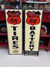 "PHILLIPS 66 BATTERY & TIRE SVC" LARGE EMBOSSED METAL DEALER SIGNS (42"x 14")