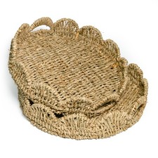 KOKODO Set of 2 Seagrass Round Tray Handwoven Scalloped Wicker Serving Tray...