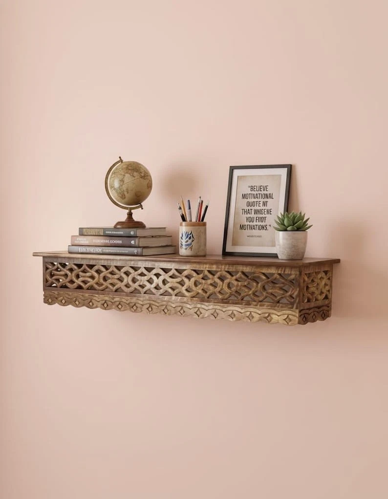 Hand Carved Wall Shelf | Solid Wood Wall Mounted Shelf | Handmade Wooden Wall...