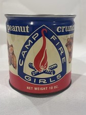 Camp Fire Girls Tin Can Metal Peanut Crunch Empty Retro Scouts Vtg Food Candy