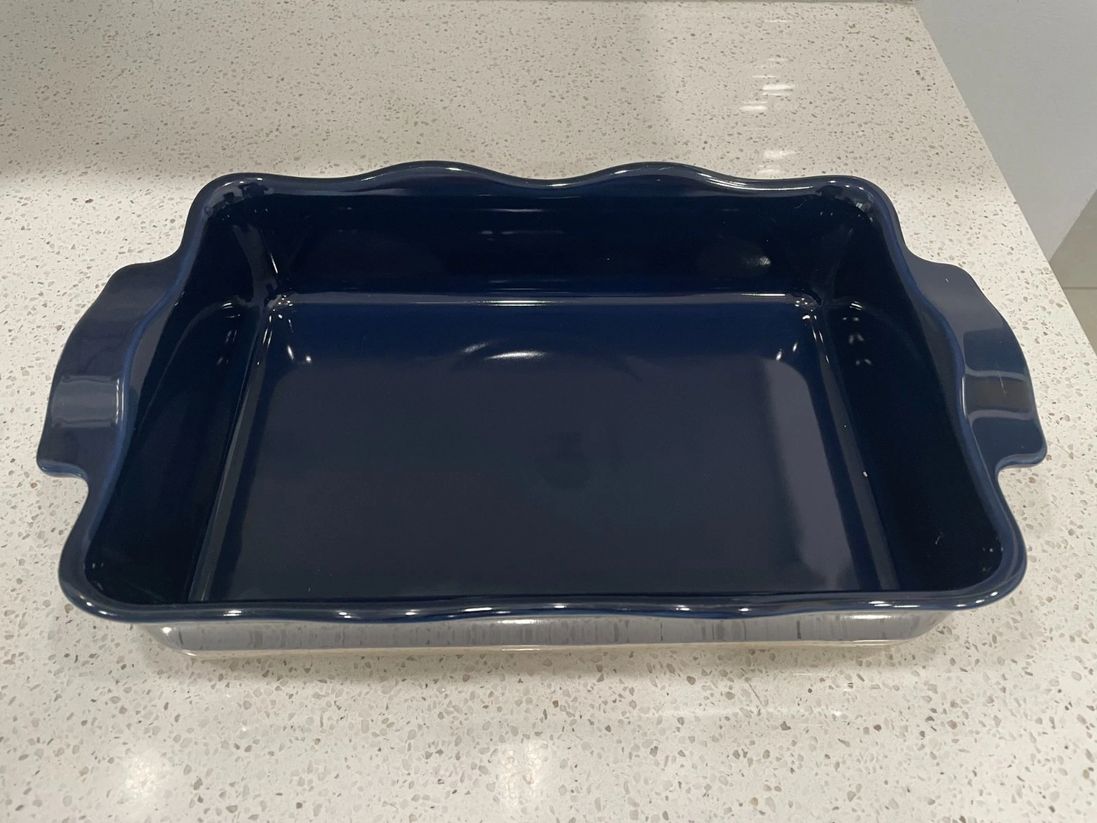 Emile Henry France Dark Blue Casserole / Baking Dish Ruffled Edges, 15" x 9"