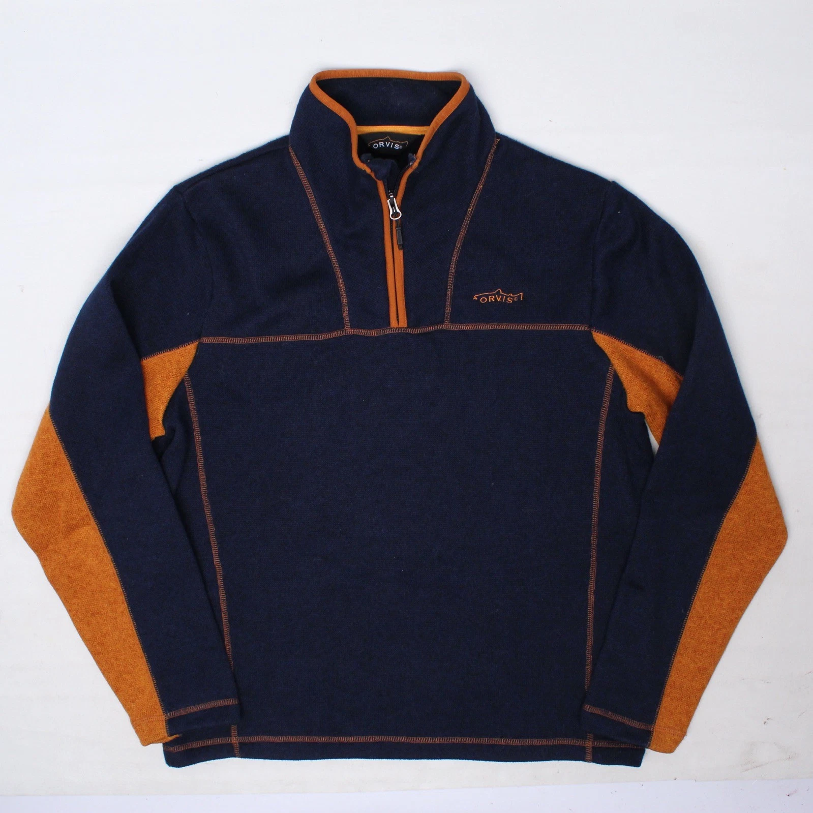 Orvis 1/4 Zip Waffle Knit Fleece Mens M Navy Blue Orange Lightweight Jacket