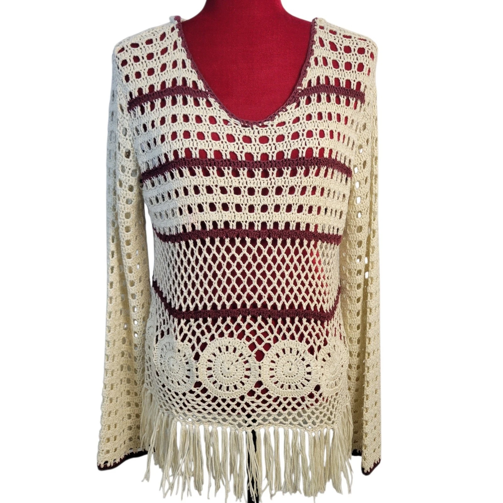 Blue Pepper Boho Crochet Open Knit Fringe Hoodie Sweater Medallion HG4616