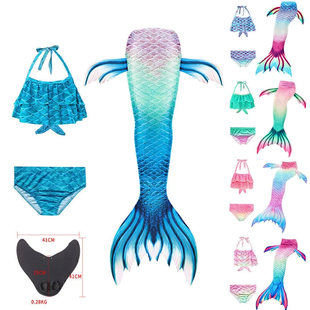 Costume Sirenetta Bambina Con Coda Di Pesce, Bikini E Top, Taglie 110-150, Per Foto E Feste